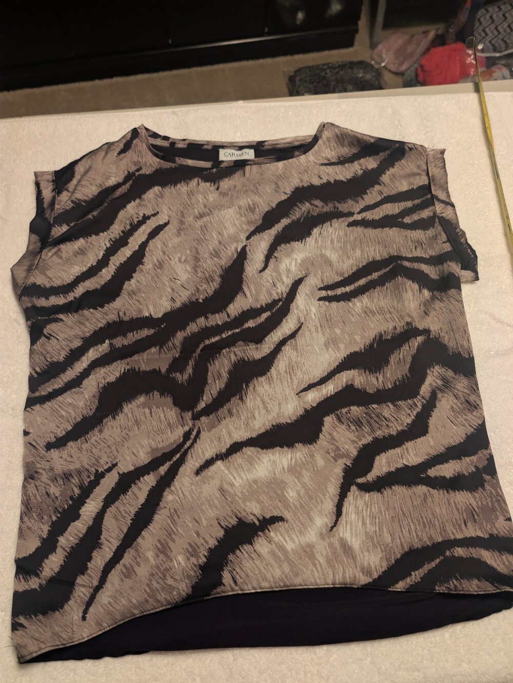 Carmen Marc Valvo Taupe and Black Zebra-Striped Short Sleeve Blouse - Picture 3 of 9